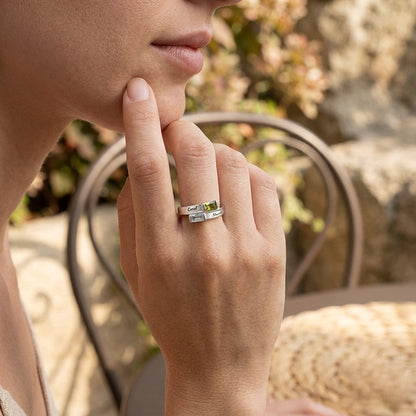 Personalized custom-two-name-birthstone-bar-ring worn as eve