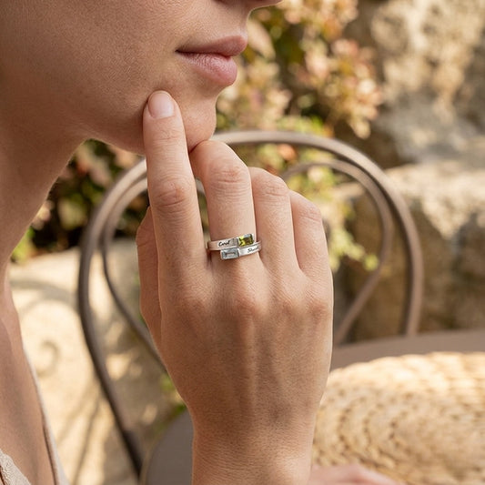 Personalized custom-two-name-birthstone-bar-ring worn as eve