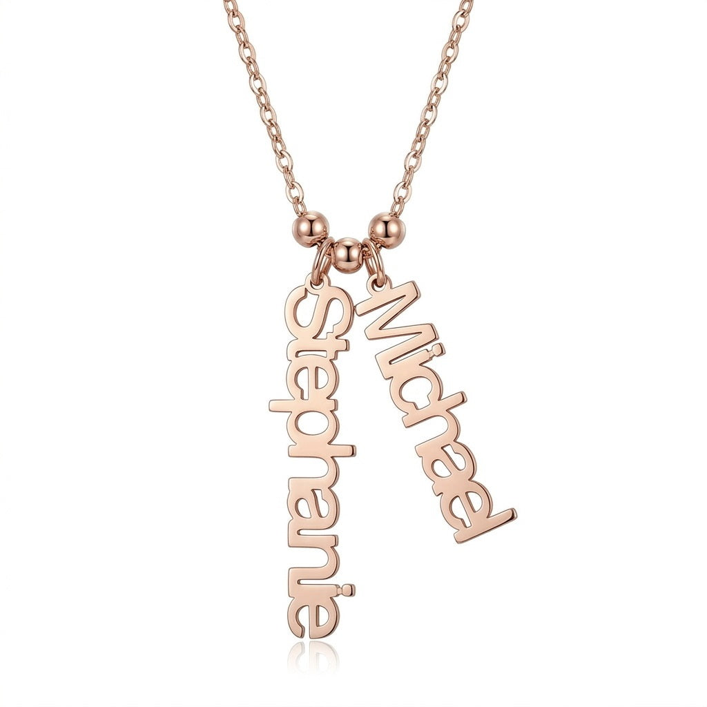 Custom two name charm necklace front view in rose gold