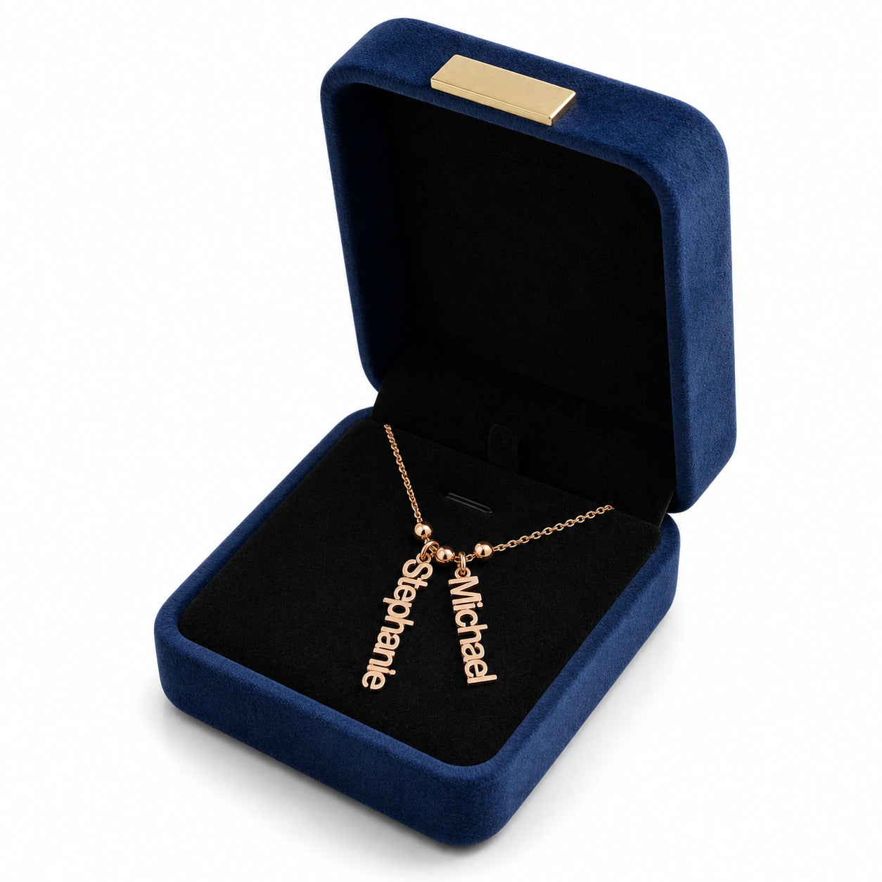 Custom two name charm necklace displayed in a gift box