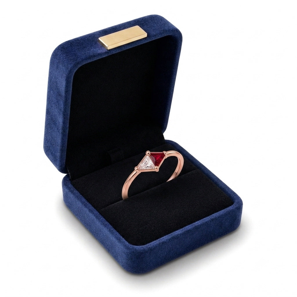 Custom two stone geometric open ring gift box view