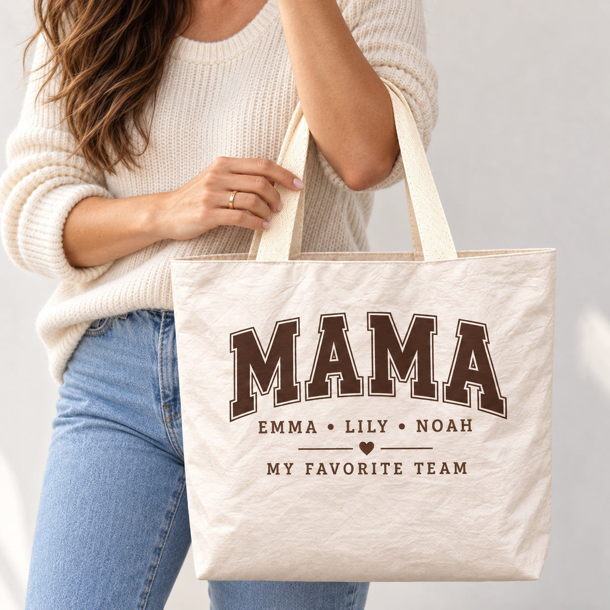 Personalized Varsity MAMA Tote Bag with Kids' Names - custom design detail