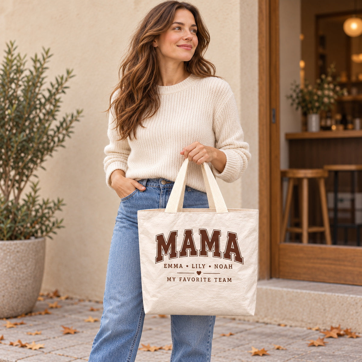 Personalized Varsity MAMA Tote Bag with Kids' Names - personalized lifestyle scene