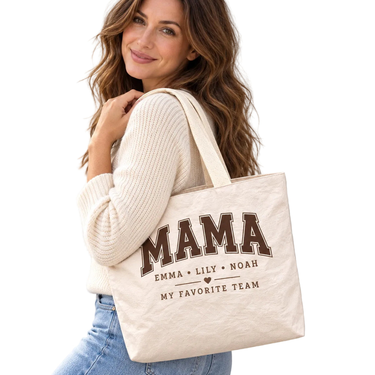 Personalized Varsity MAMA Tote Bag with Kids' Names - shoulder carry outfit view