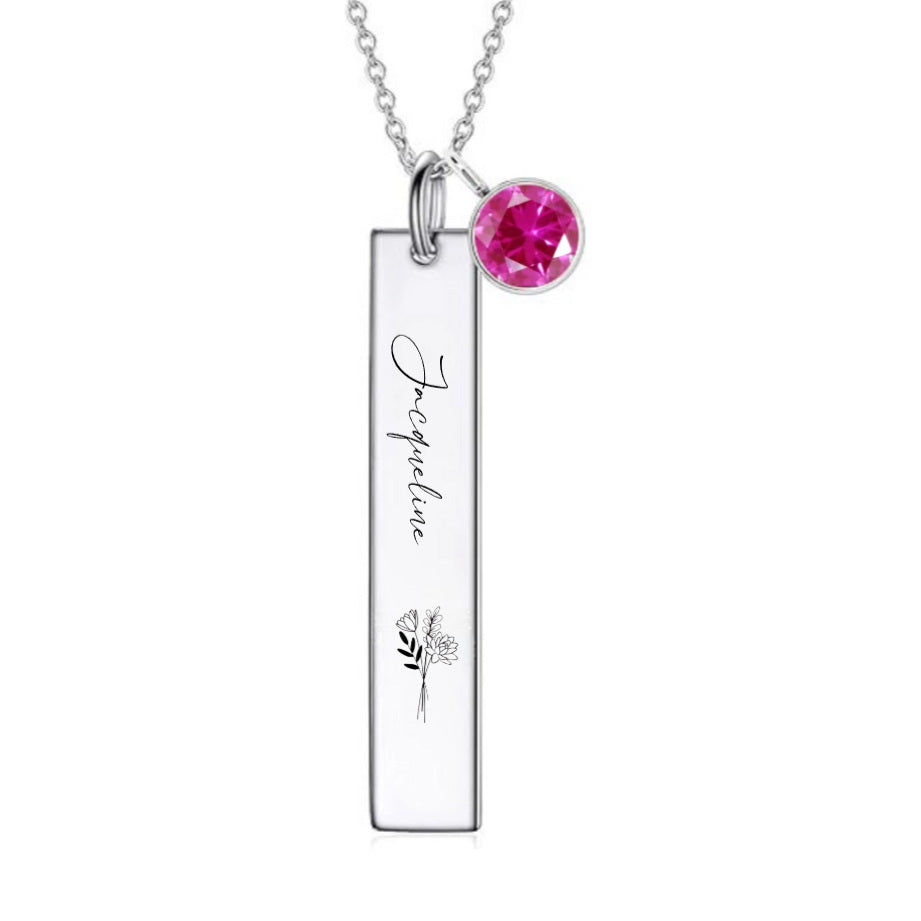 Silver bar necklace with engraved birth flower and name.