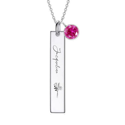 Silver bar necklace with engraved birth flower and name.