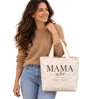Personalized Vintage MAMA Tote Bag with Names, Year and Birth Flower - custom design detail