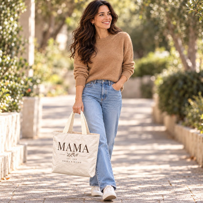 Personalized Vintage MAMA Tote Bag with Names, Year and Birth Flower - outdoor model styling view