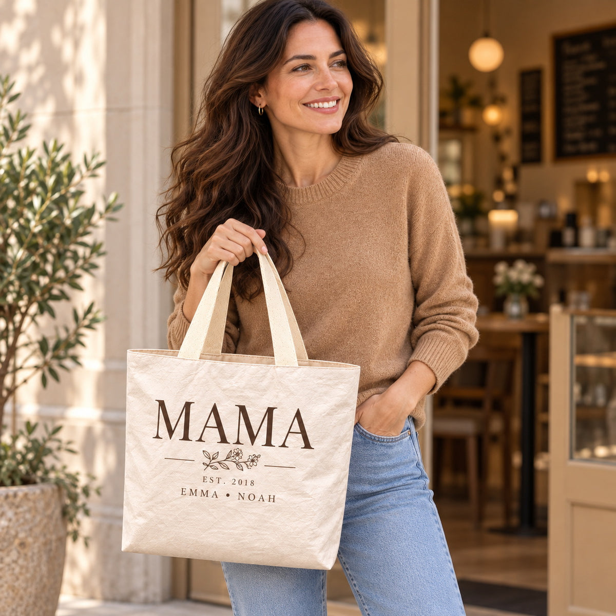 Personalized Vintage MAMA Tote Bag with Names, Year and Birth Flower - personalized lifestyle scene