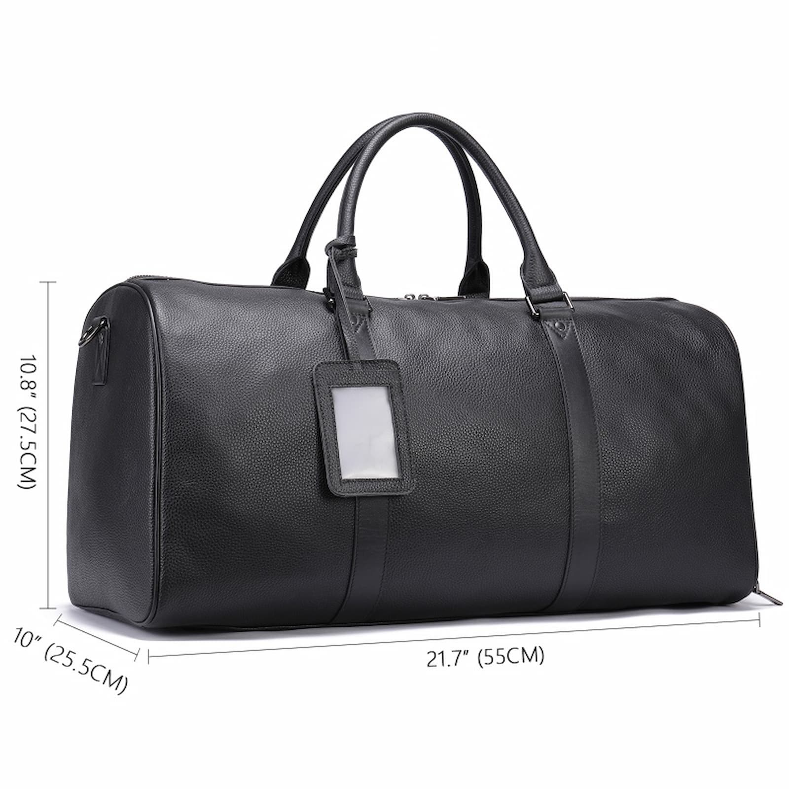 Size chart for a personalized black leather travel bag
