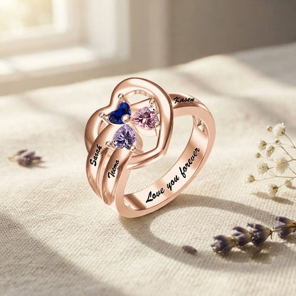 Custom winged heart birthstone name ring finish view jewelry