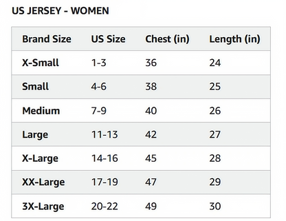 Personalized Football Jersey showing custom team name, numbers size chart.