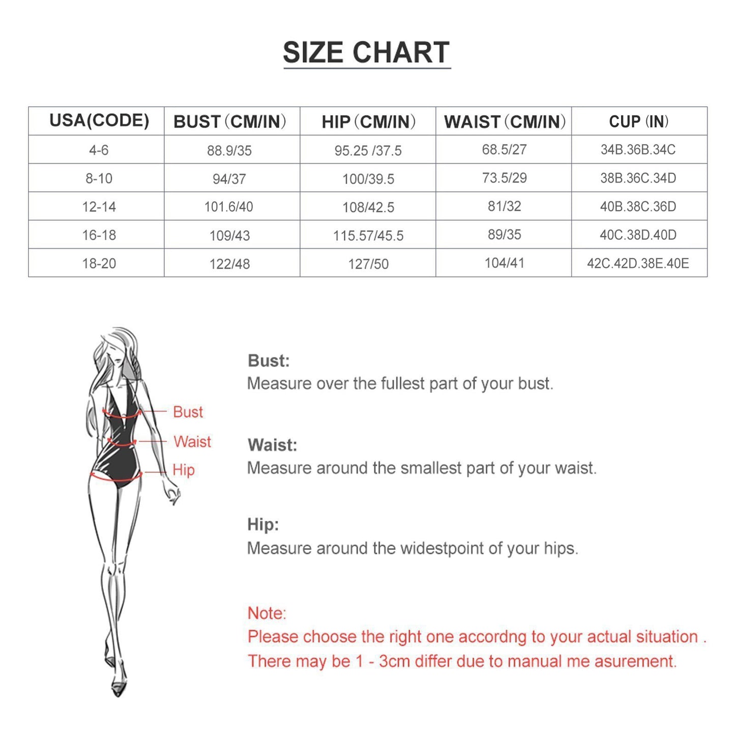 Personalized women's high waist swim dress sizing chart, bust hip waist cup guide.