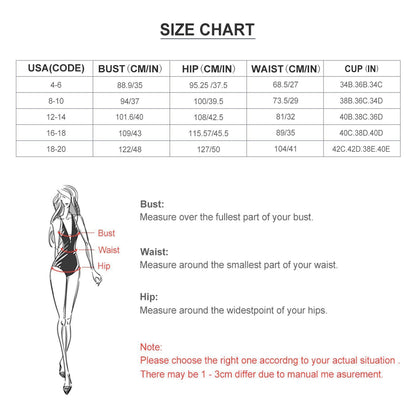 Personalized women's high waist swim dress sizing chart, bust hip waist cup guide.