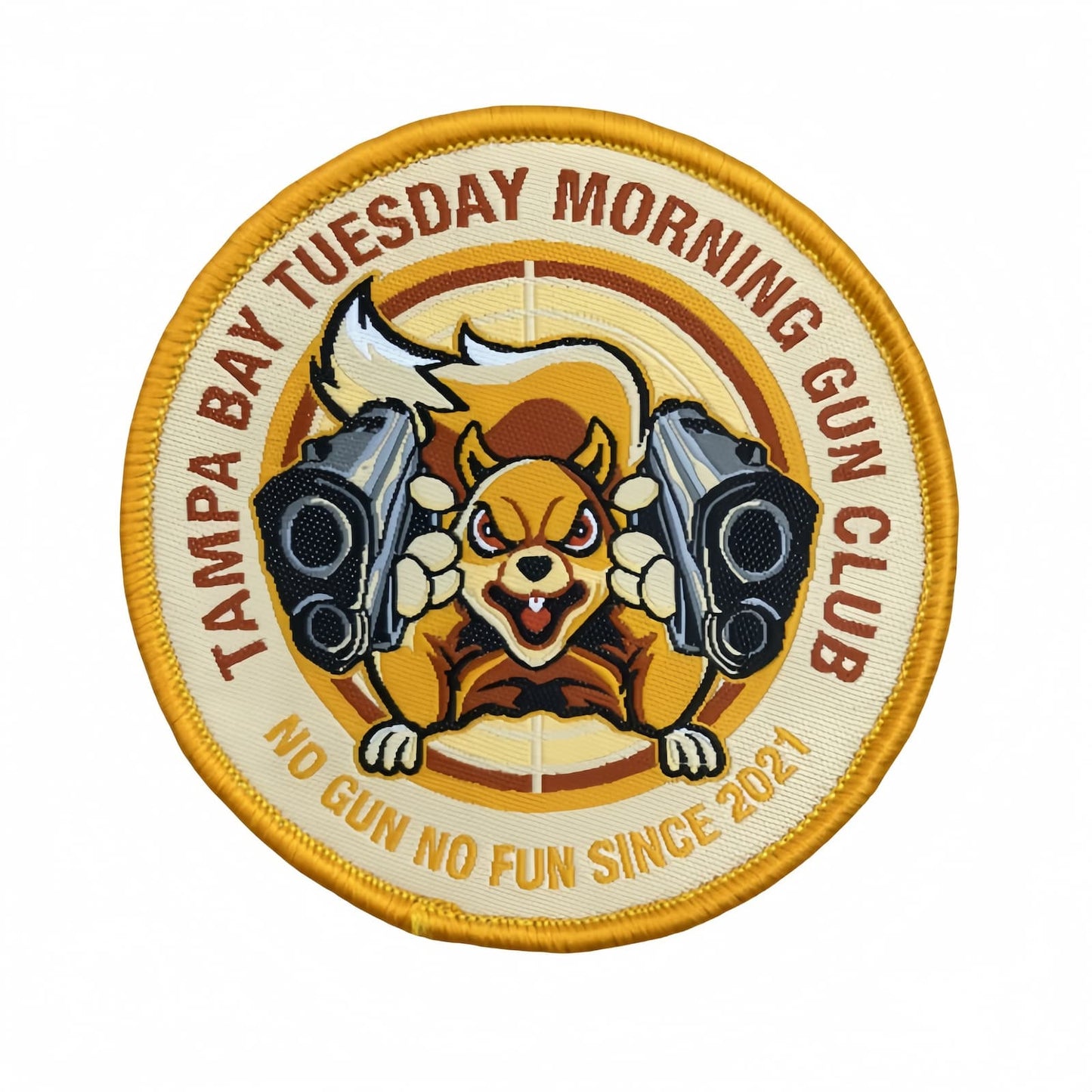 Custom Woven Patch for Gun Club uniform, featuring personalized squirrel logo design.