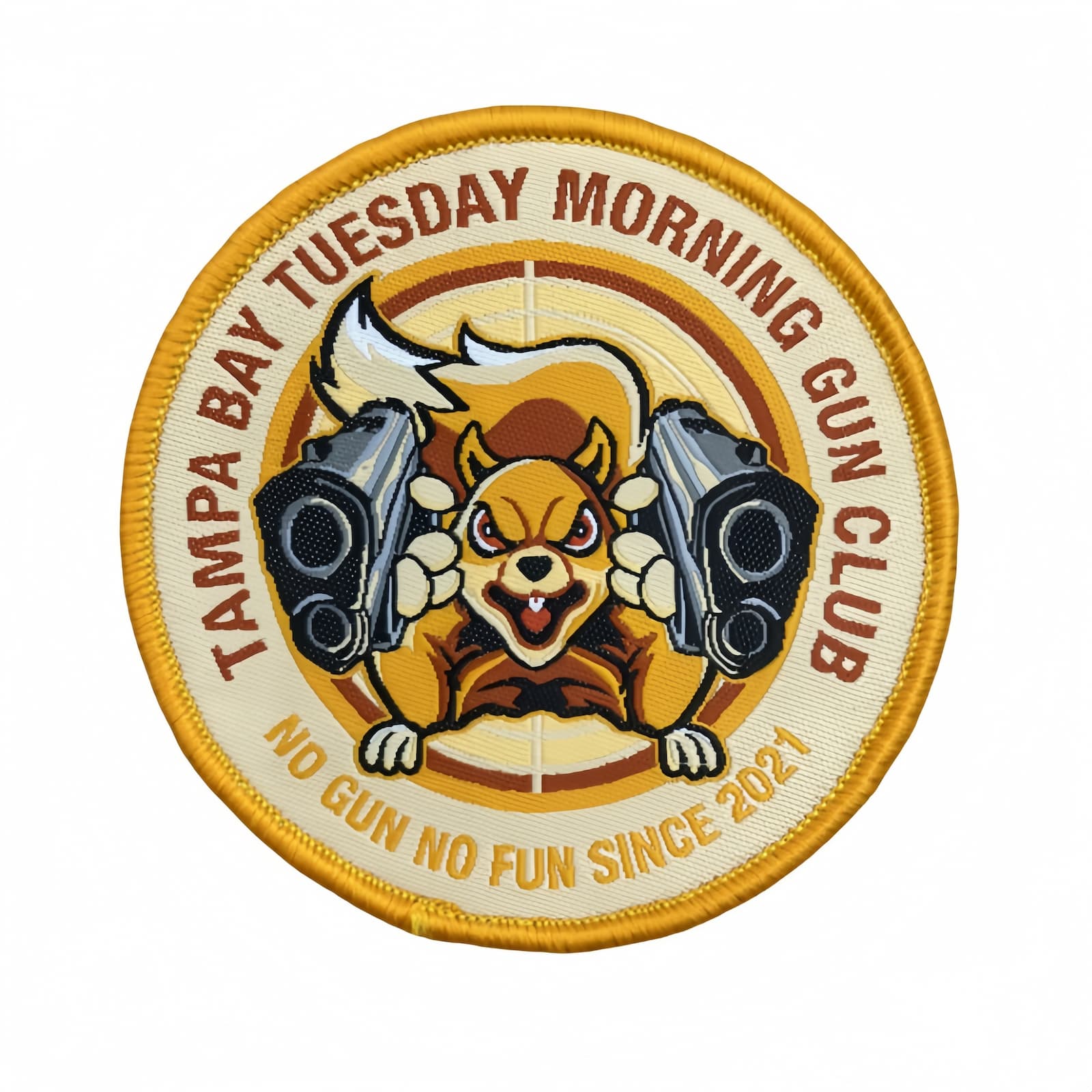 Custom Woven Patch for Gun Club uniform, featuring personalized squirrel logo design.