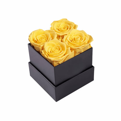 Custom Yellow Infinity Roses In Black Square Box.