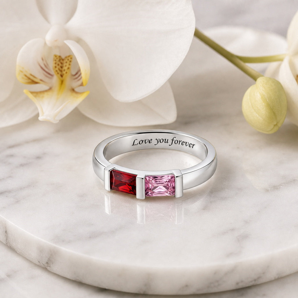Custom baguette birthstone couple band ring flower scene jew
