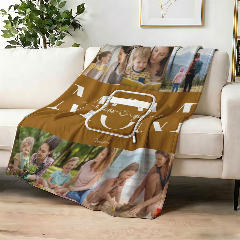 Custom photo blanket "MOM I Love You" text on sofa