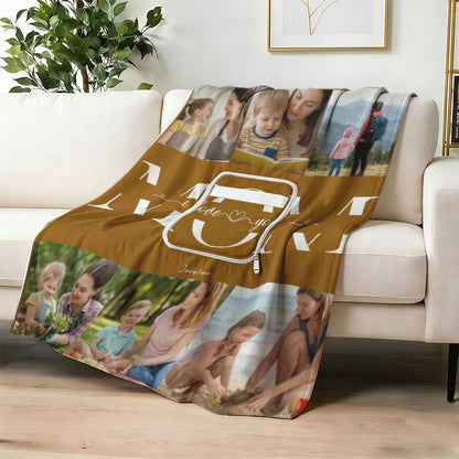 Custom photo blanket "MOM I Love You" text on sofa