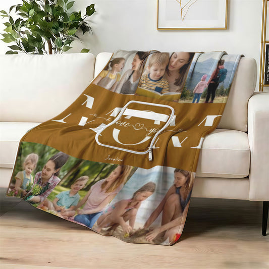 Custom photo blanket "MOM I Love You" text on sofa