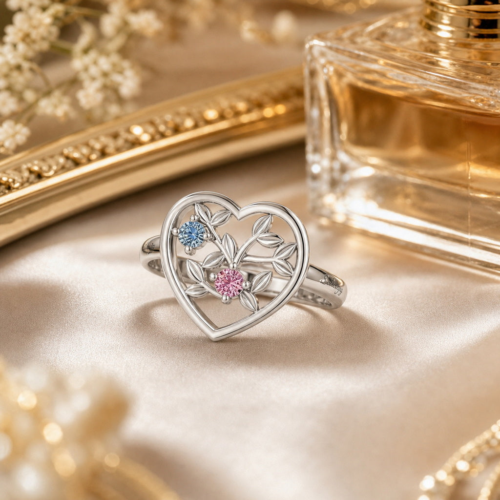 Custom floral heart keepsake ring vanity scene jewelry view