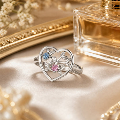 Custom floral heart keepsake ring vanity scene jewelry view