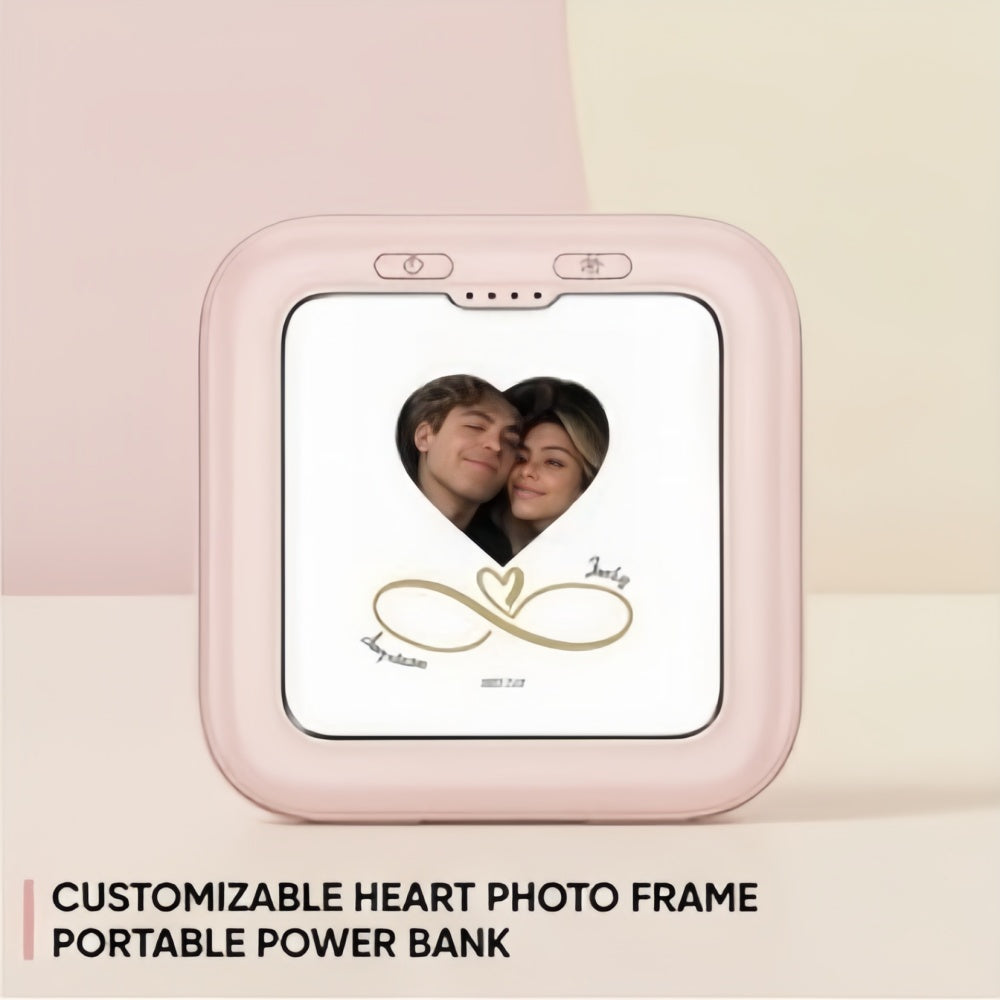 Customizable heart photo frame portable power bank in pink.