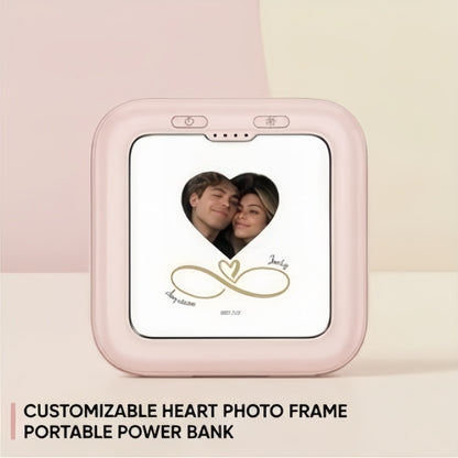 Customizable heart photo frame portable power bank in pink.