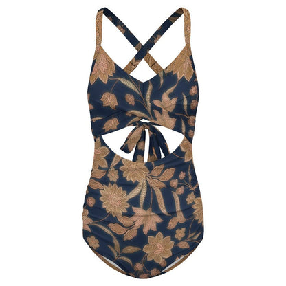 Back view of customizable tie-back monokini swimsuit flat lay.