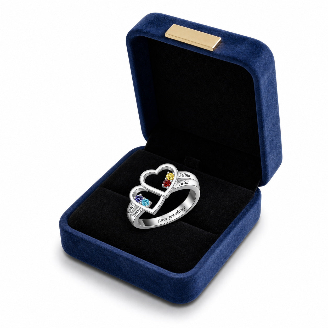 Custom two heart family name ring boxed jewelry view