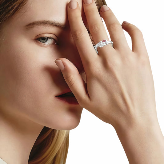 Model wearing personalized 925 sterling silver promise ring with 2 names.