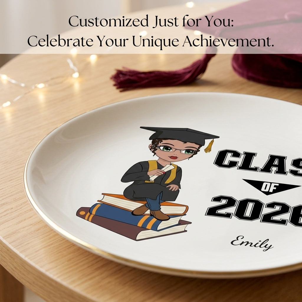 Customized graduation plate celebrating unique achievement.