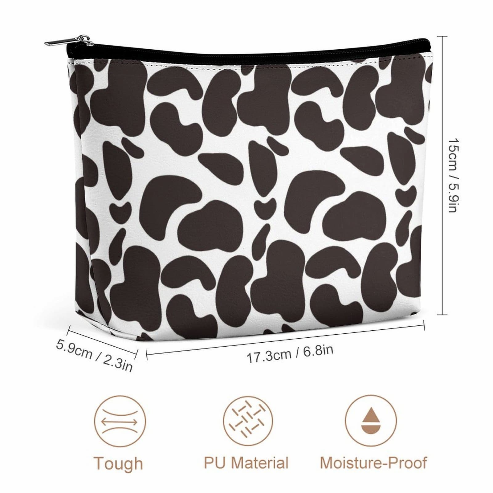 Cute Cow Print Cosmetic Pouch dimensions (17.3cm / 6.8in), showing tough PU material and moisture-proof quality.