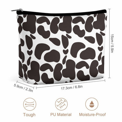 Cute Cow Print Cosmetic Pouch dimensions (17.3cm / 6.8in), showing tough PU material and moisture-proof quality.