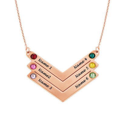 Personalized Family V Shape Family Anniversary Necklace with Cubic Zirconia Birthstones 925 Sterling Silver 18K Gold & Rose Gold  Plated