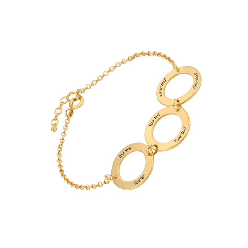 Bracelet personnalisé en argent sterling ou plaqué or avec 6 prénoms gravés en cercles pour femme. Bracelet personnalisé pour elle.