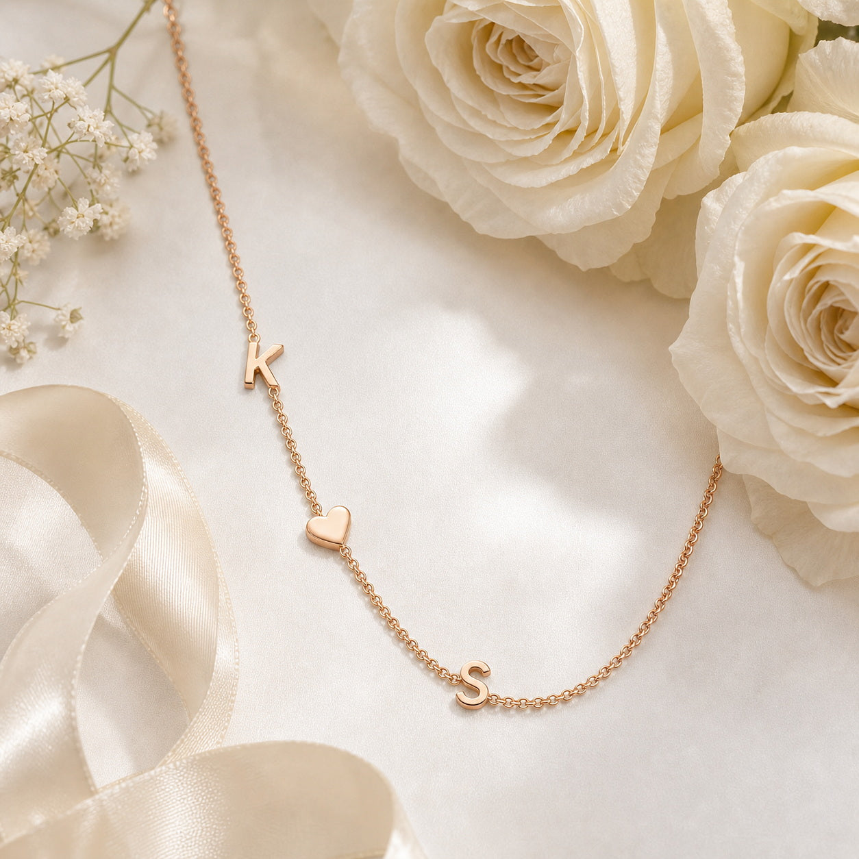 Initial name necklace in a floral scene