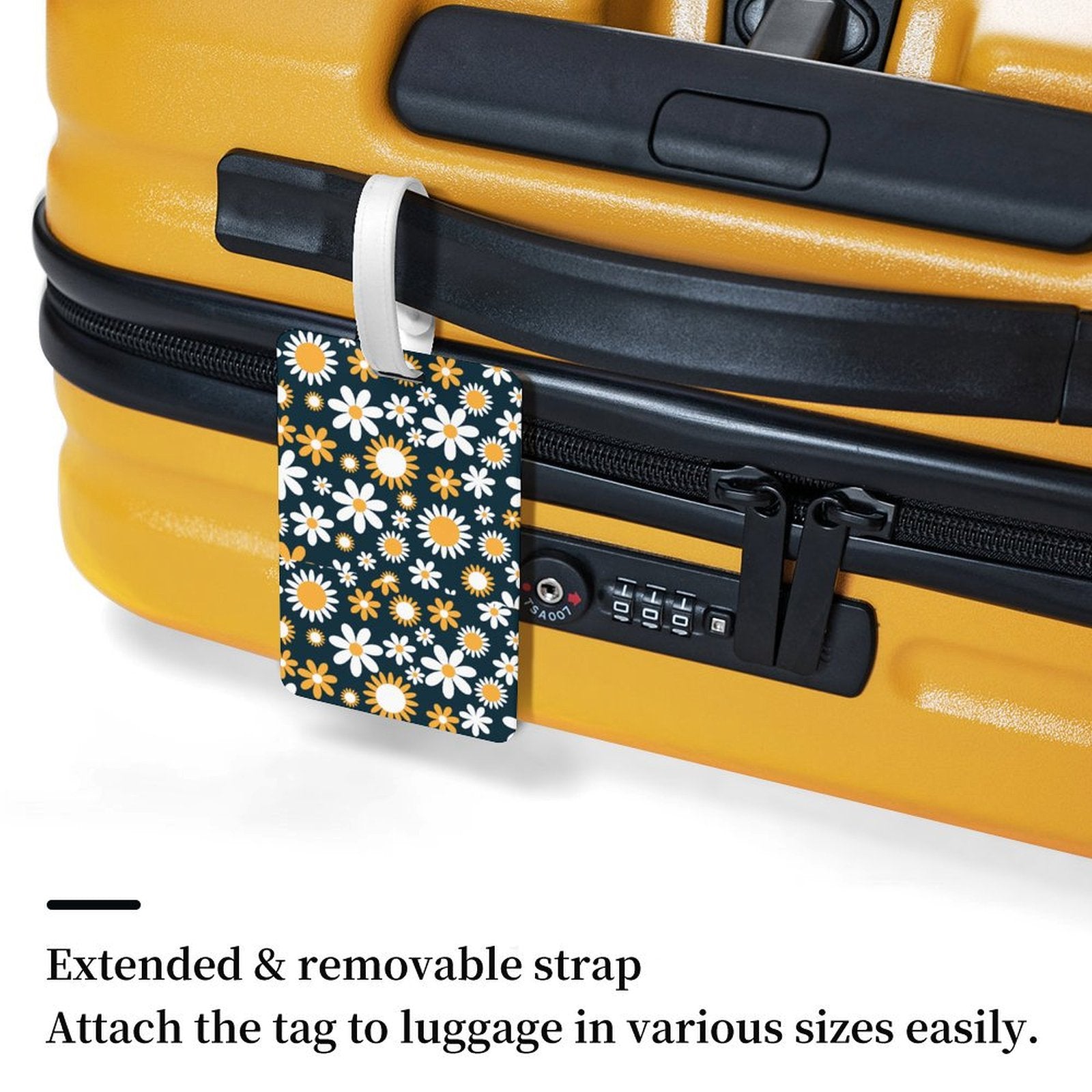 Custom Travel ID Tag with extended removable strap on a bright yellow suitcase.
