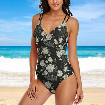 Deep V Neck Bathing Suit, Tummy Control, Double Straps, Black Rose Print Beach Look.