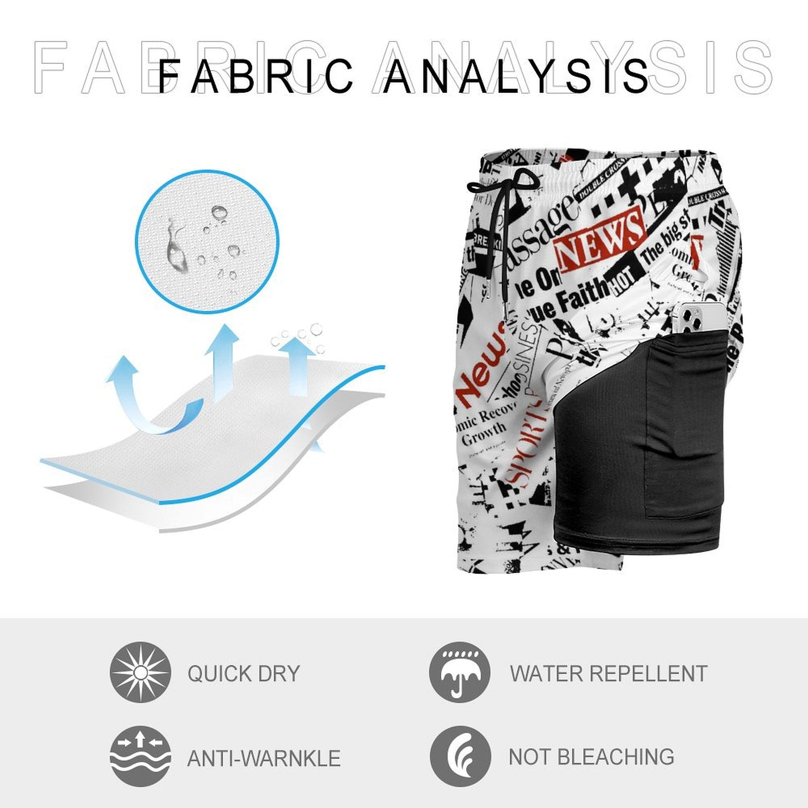 Design Your Own Beach Shorts showing Quick Dry and Stretch fabric texture.