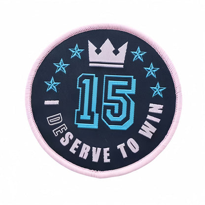 Design Your Own Patch with embroidered number and crown detail, round shape.