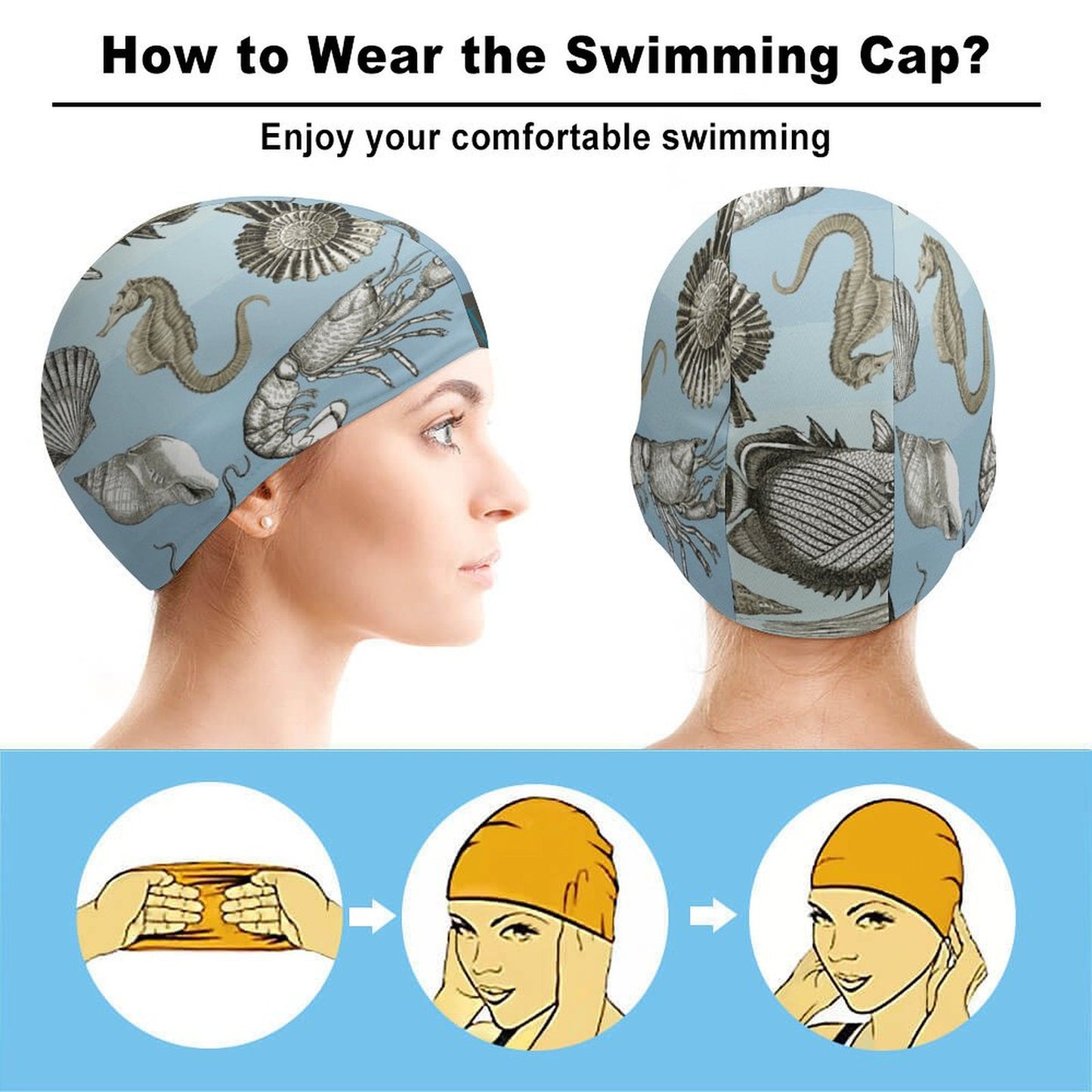Model wearing Design Your Own Swimming Cap. Keeps hair clean, Breathable.