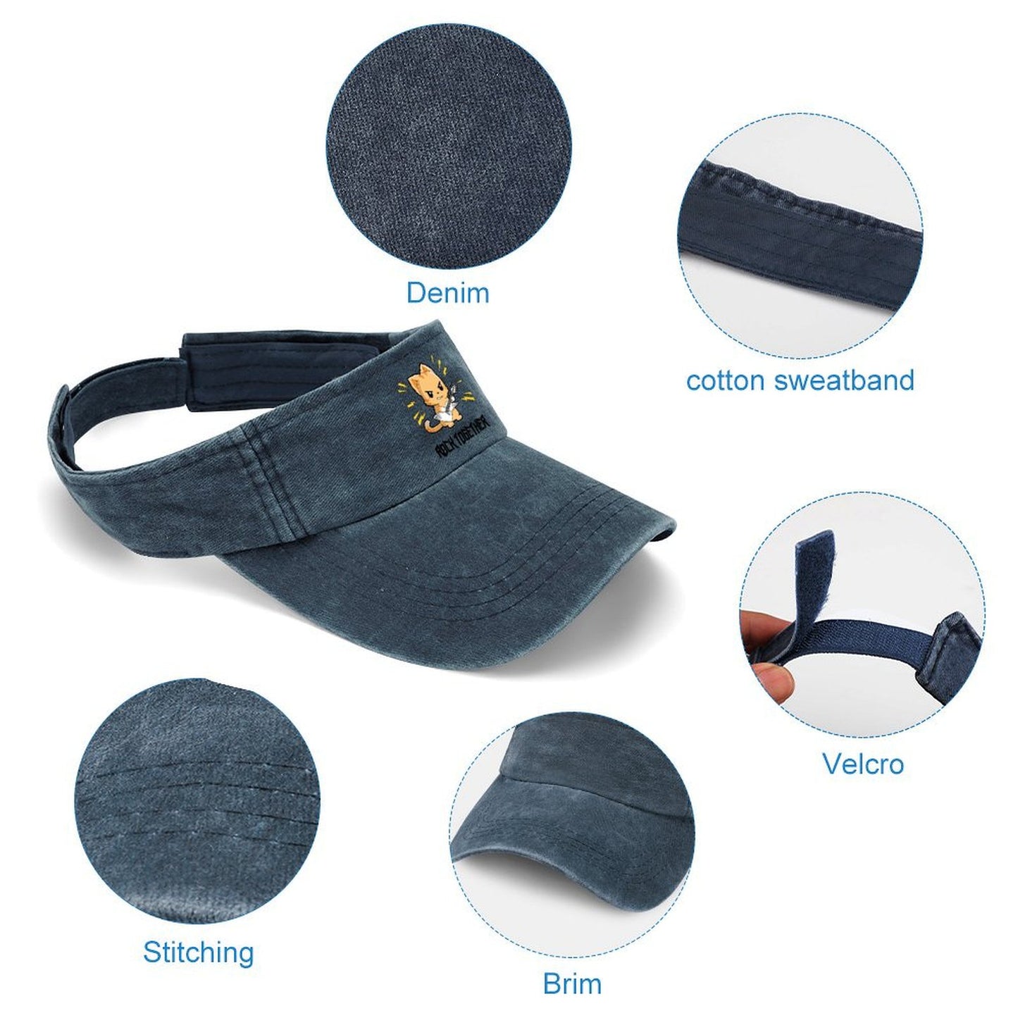 Design Your Own Visor. Features: Denim, sweatband, Velcro, stitching.