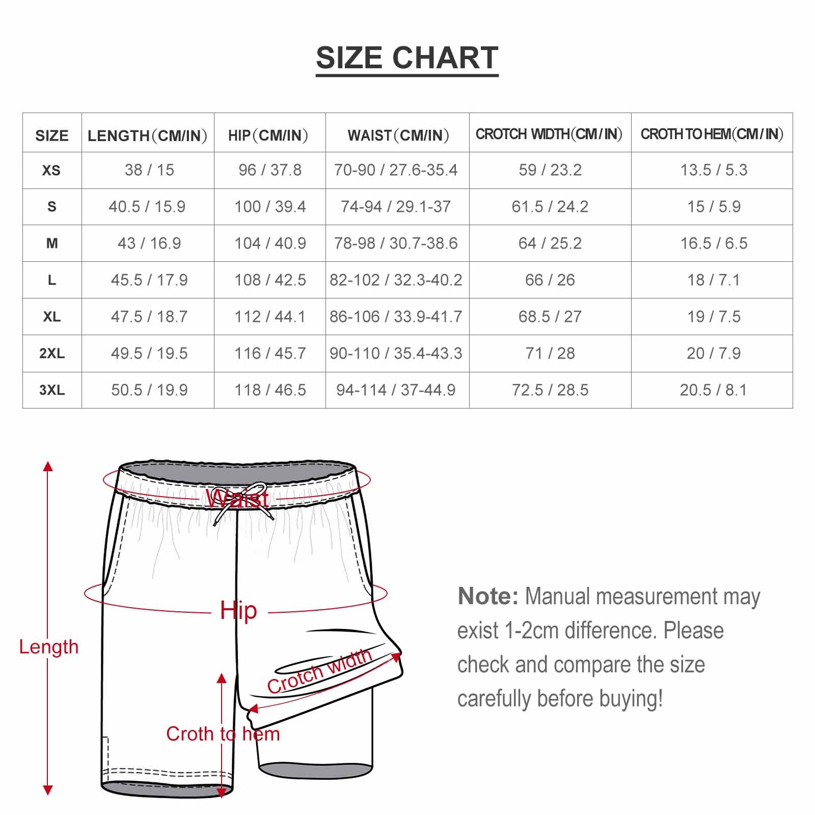 Design Your Own Beach Shorts showing Sizing.