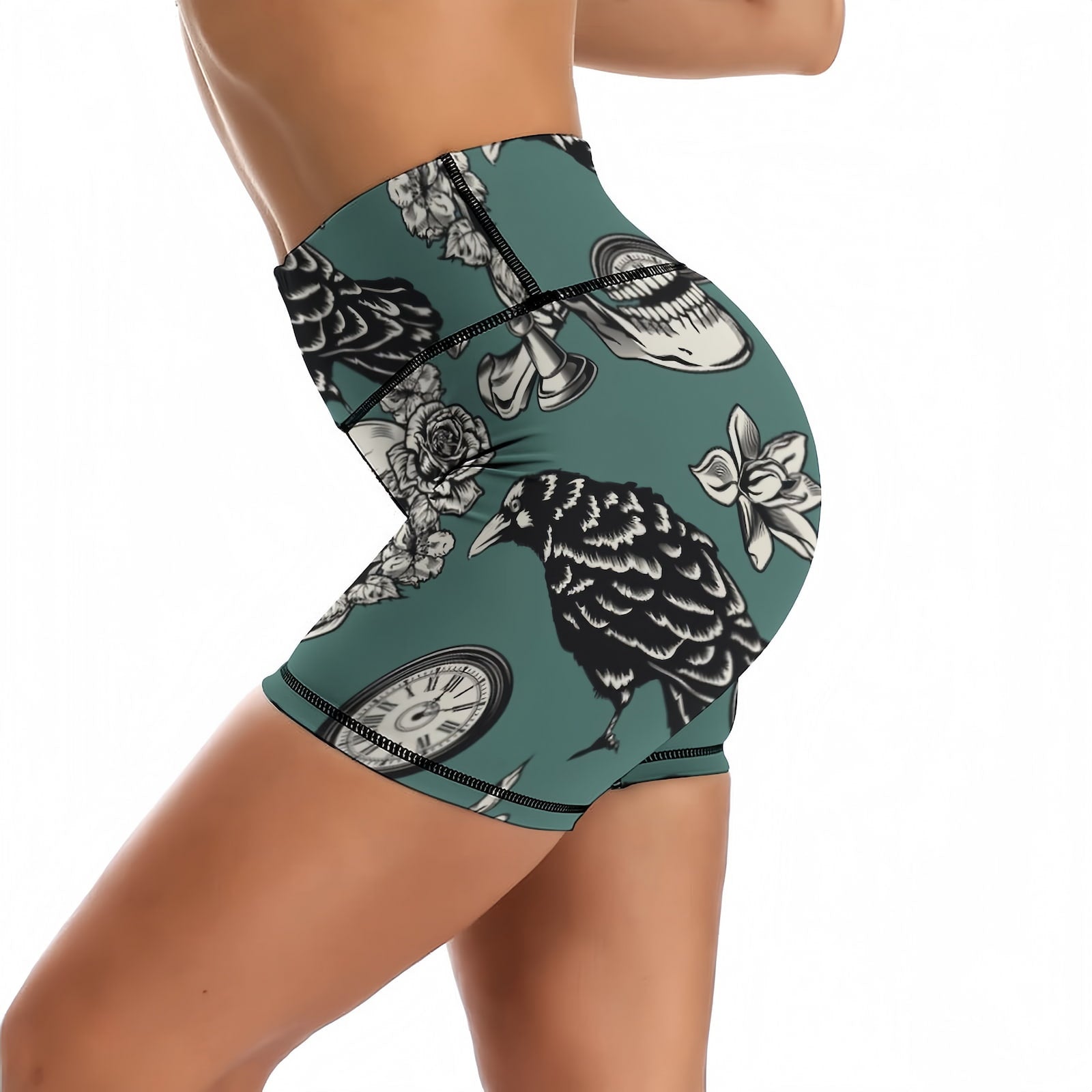 Side view of DIY style athletic running shorts with stretchy comfortable fabric.