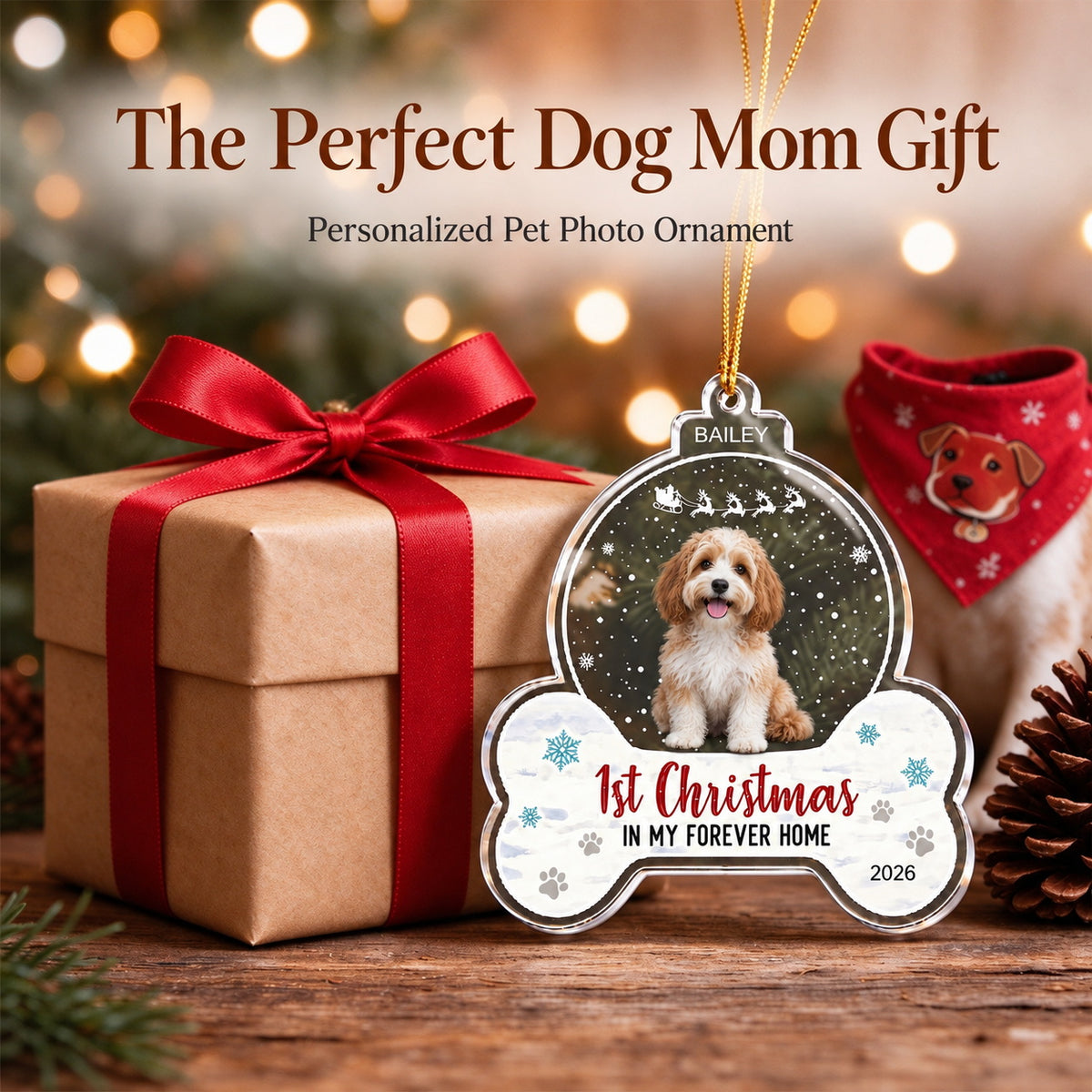 Personalized Dog Photo Christmas Ornament with Name and First Christmas Year - home decor display