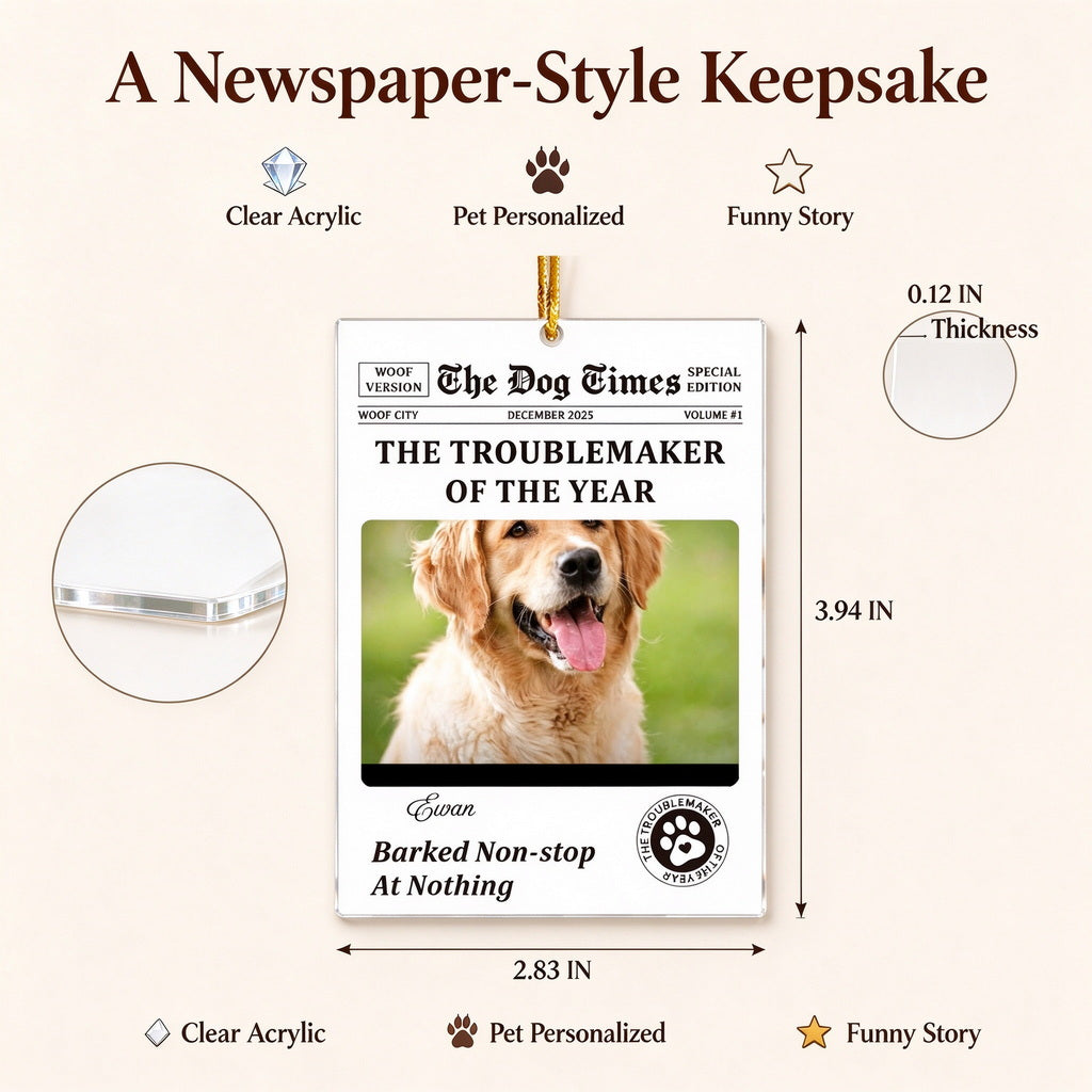 Personalized Dog Photo Christmas Ornament, Custom Pet Newspaper Keepsake - size or option details