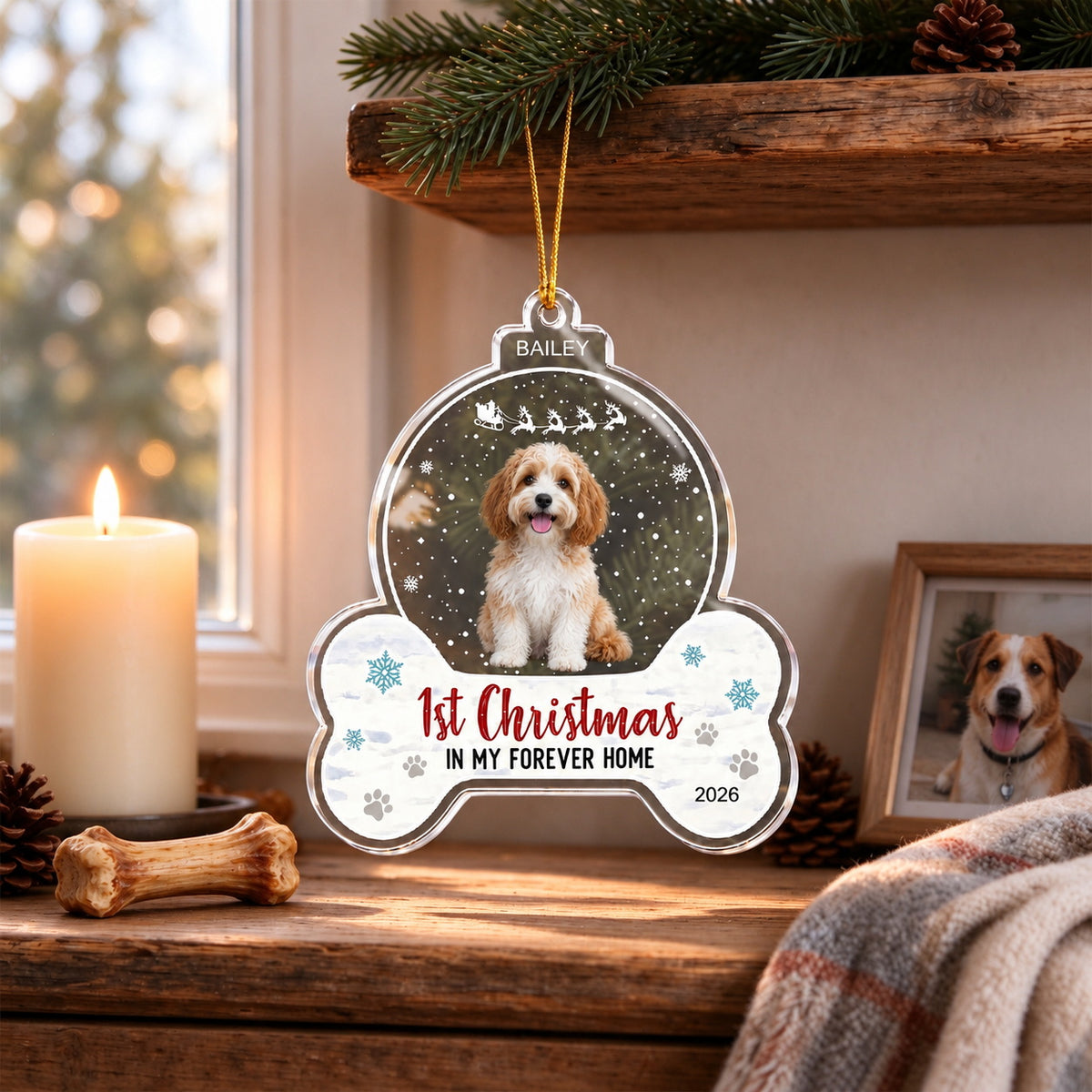 Personalized Dog Photo Christmas Ornament with Name and First Christmas Year - Christmas tree or lifestyle scene