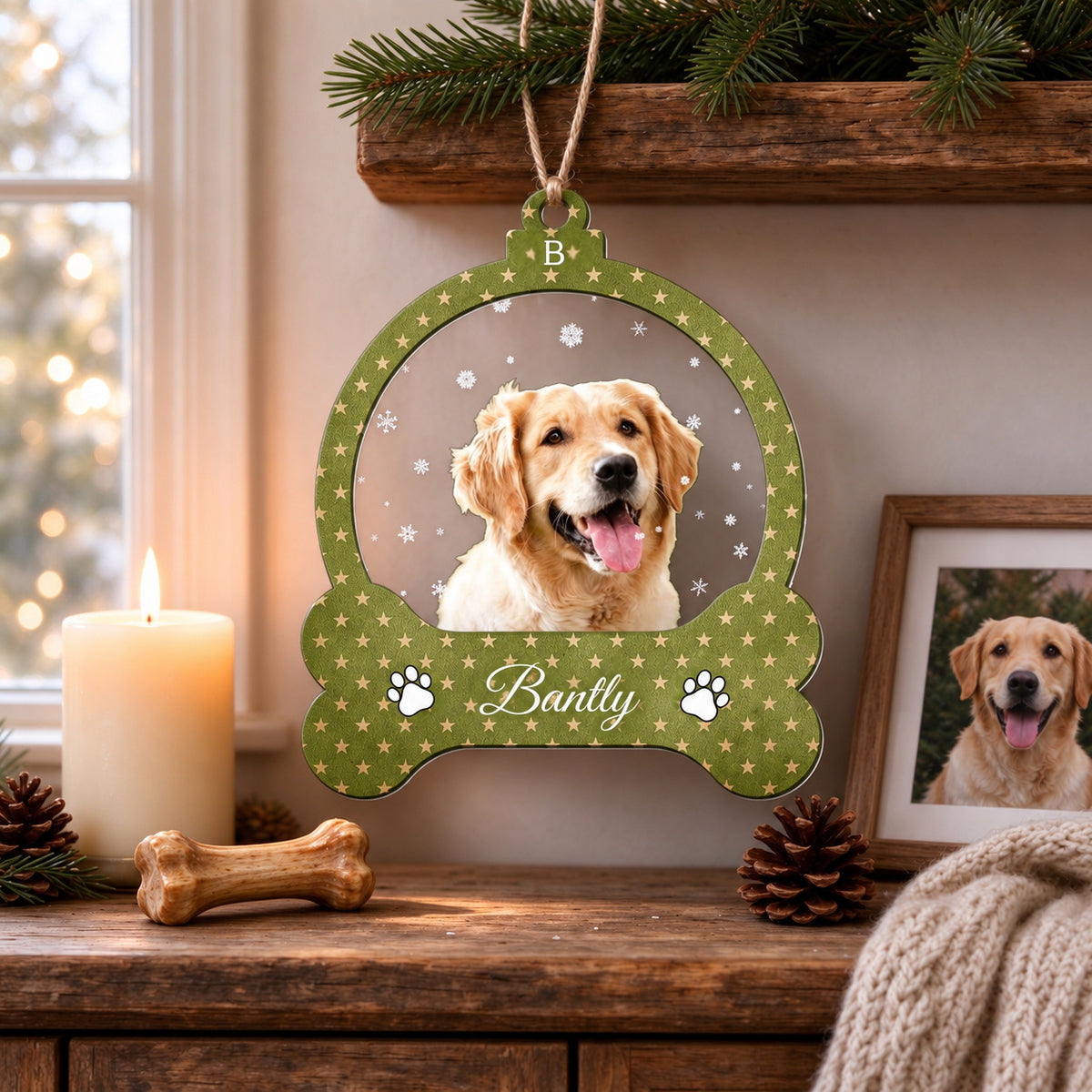 Personalized Dog Photo Christmas Ornament with Custom Name - main product view